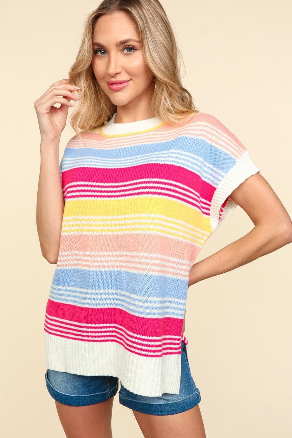 Blue/Fuchsia/Yellow / S Haptics Striped Side Slit Short Sleeve Knit Top