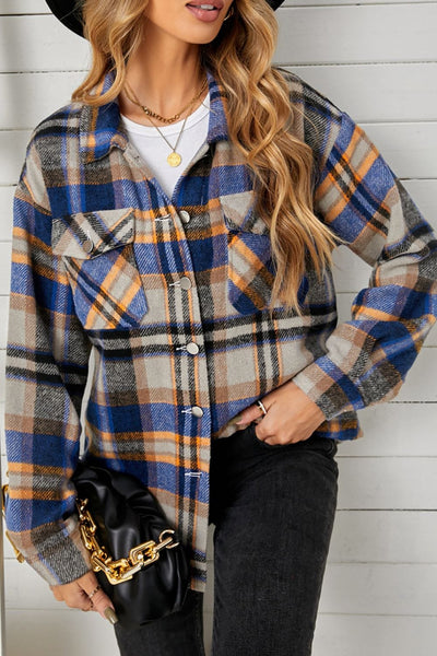 Blue/Orange / S Plaid Pocketed Button Down Shacket