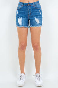 Blue / S American Bazi High Waist Distressed Frayed Denim Shorts