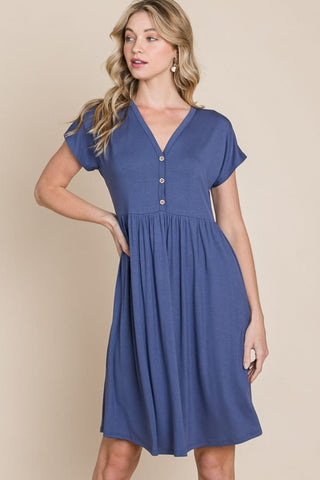 Blue / S BOMBOM V-Neck Short Sleeve Dress