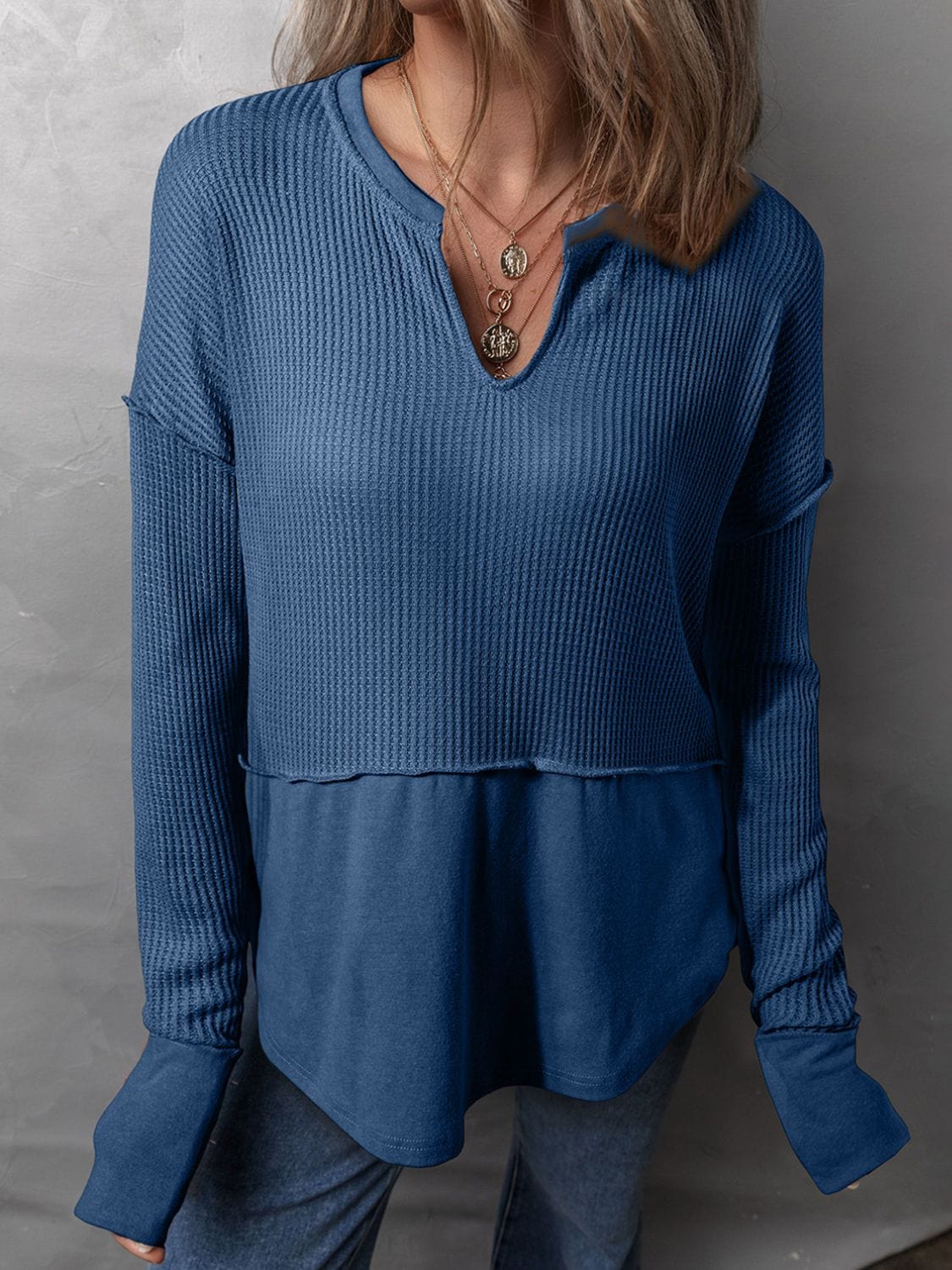 Blue / S Waffle-Knit Notched Long Sleeve T-Shirt