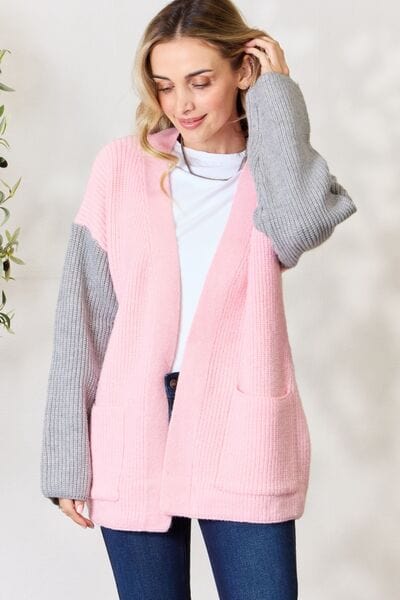 Blush/Grey / S BiBi Contrast Open Front Cardigan with Pockets