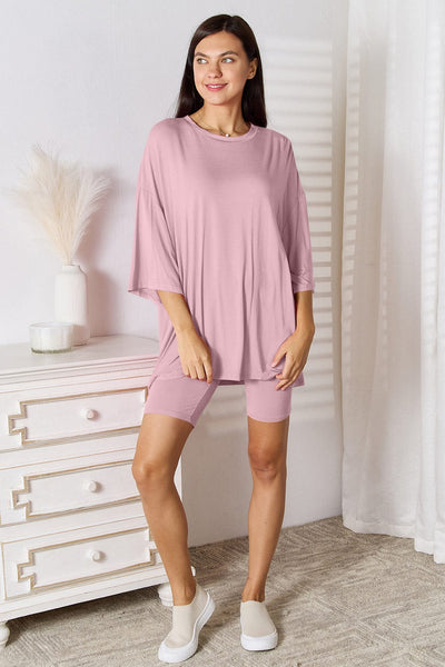 Blush Pink / L Basic Bae Full Size Soft Rayon Three-Quarter Sleeve Top and Shorts Set