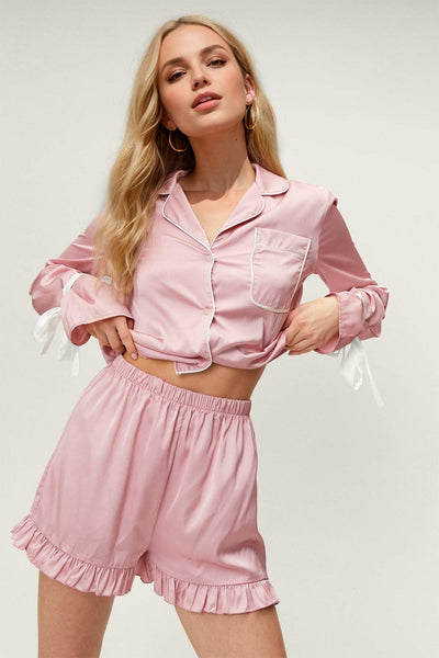 Blush Pink / S Basic Bae Tied Cuff Collared Neck Top and Frill Shorts Lounge Set