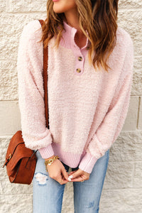 Blush Pink / S Button Detail Mock Neck Long Sleeve Sweater