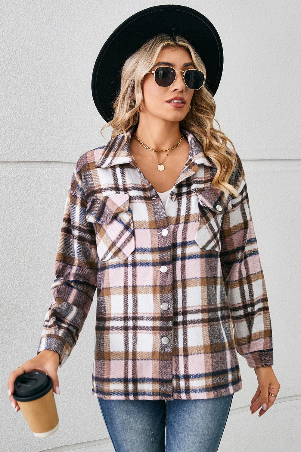 Blush Pink / S Button Down Collared Plaid Shacket