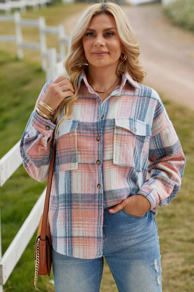 Blush Pink / S Double Take Plaid Dropped Shoulder Shacket