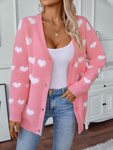 Blush Pink / S Heart V-Neck Button Up Long Sleeve Cardigan