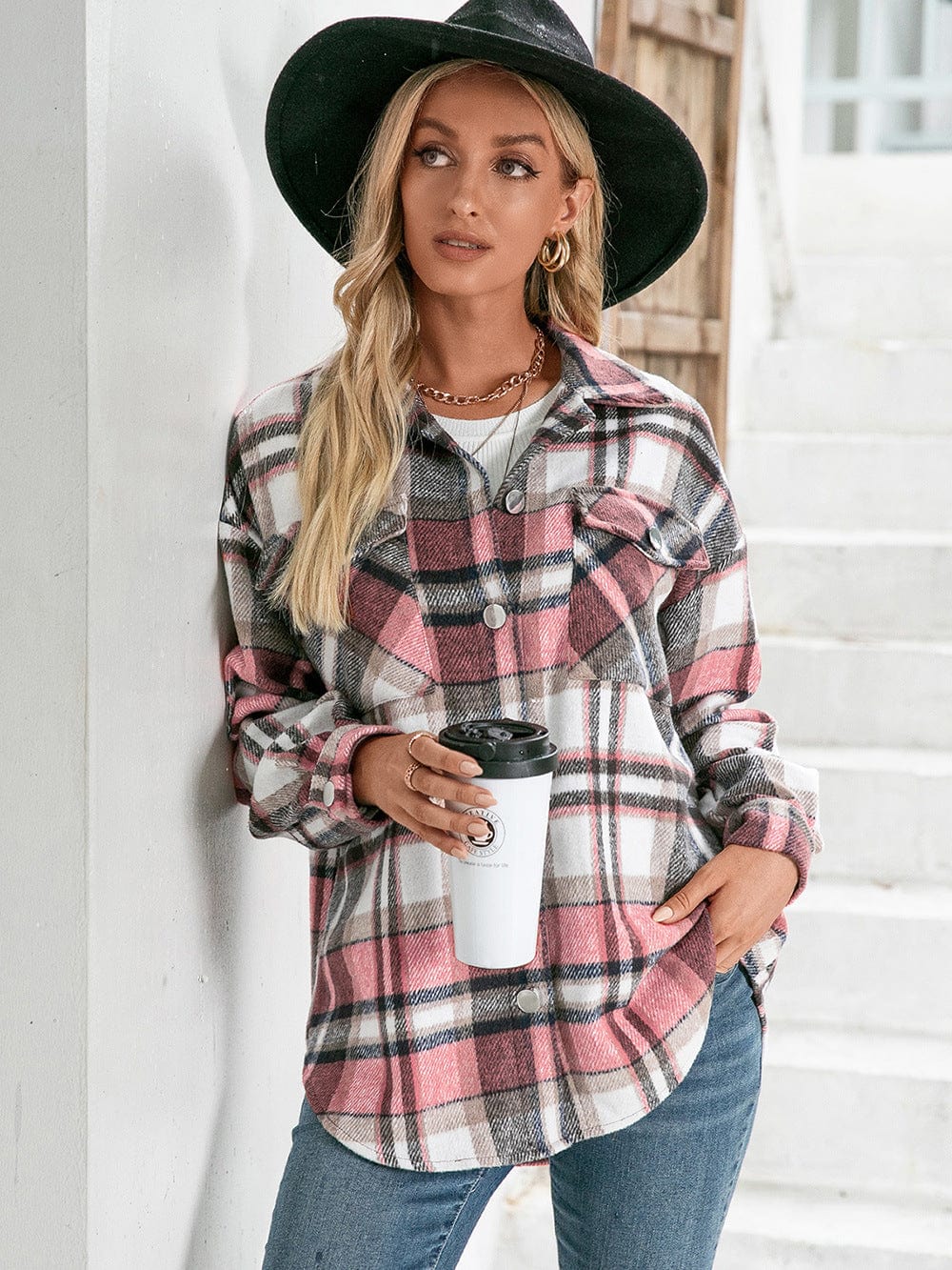 Blush Pink / S Ivy Lane Meet You Outside Plaid Button Down Curved Hem Shacket