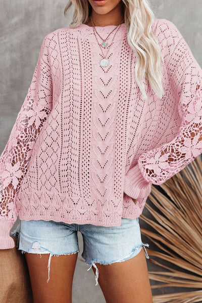 Blush Pink / S Openwork Round Neck Long Sleeve Sweater