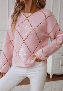 Blush Pink / S Openwork Sequin Round Neck Long Sleeve Sweater