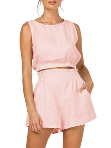 Blush Pink / S Round Neck Sleeveless Top and Shorts Set