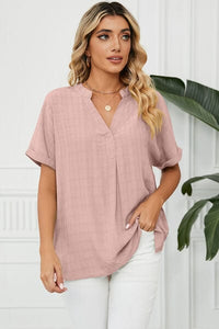 Blush Pink / S Ruched Notched Short Sleeve Blouse