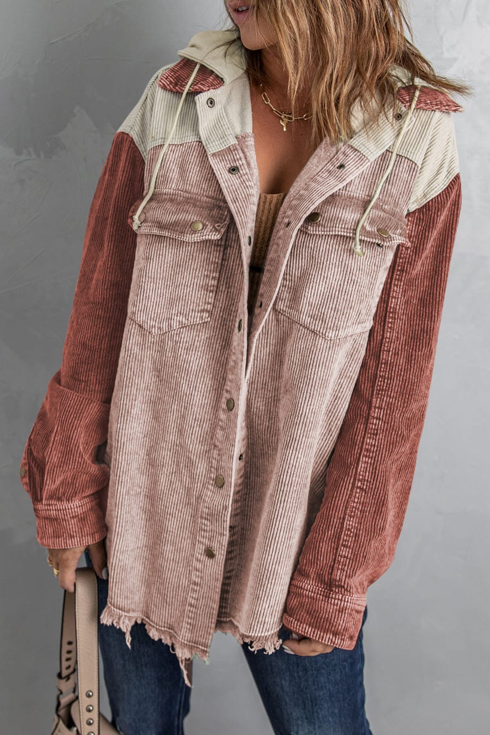 Blush Pink / S Snap Front Hooded Corduroy Shacket