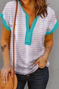 Blush Pink / S Striped Notched Short Sleeve T-Shirt