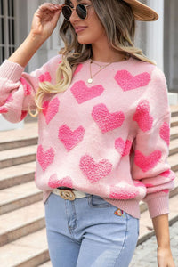 Blush Pink / S Valentine's Day Heart Jacquard Round Neck Sweater