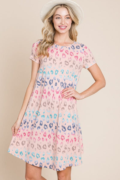 Blush / S BOMBOM Leopard Round Neck Short Sleeve Dress