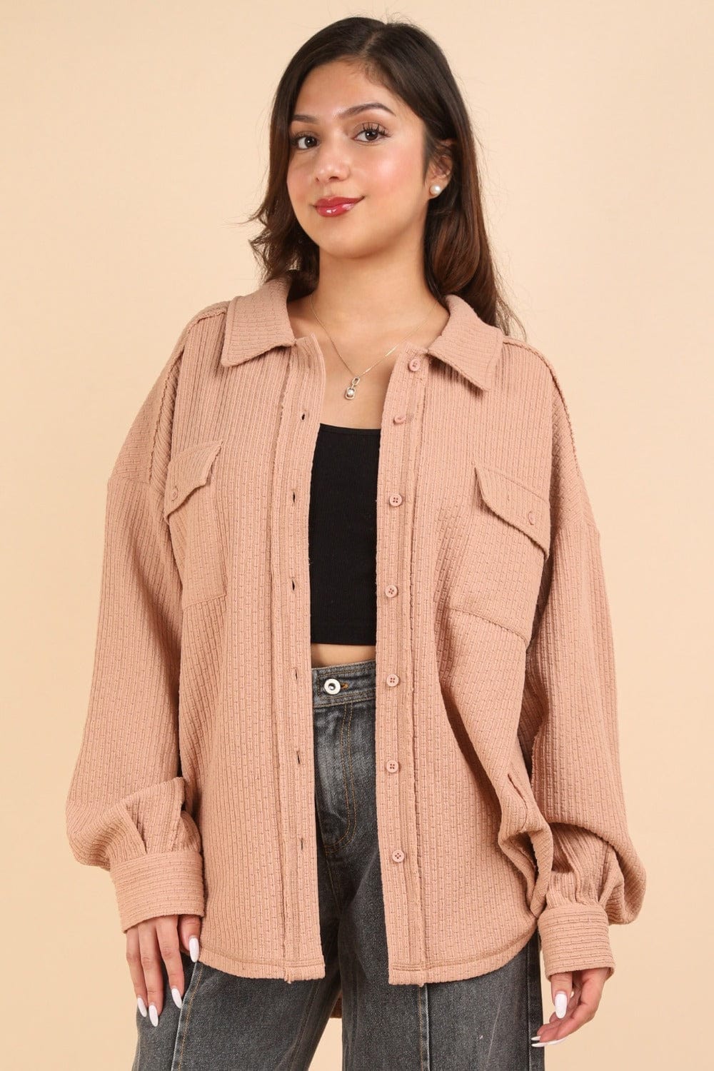 Blush / S VERY J Button Down Textured Knit Shacket