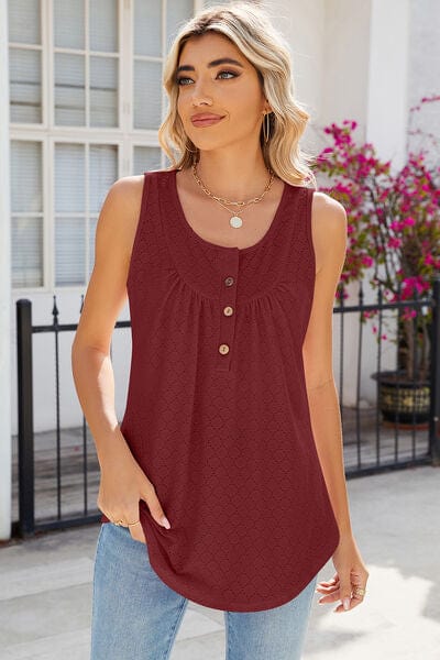 Brick Red / S Eyelet Buttoned Round Neck Tank