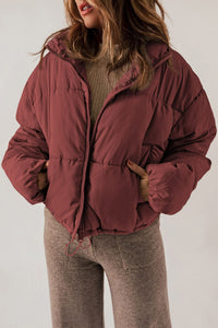 Brick Red / S Zip Up Collared Neck Long Sleeve Winter Coat