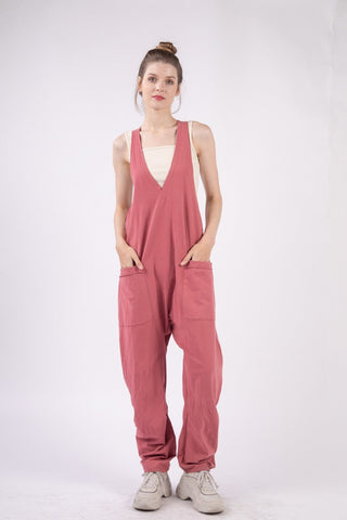 Brick / S VERY J  Plunge Sleeveless Jumpsuit with Pockets