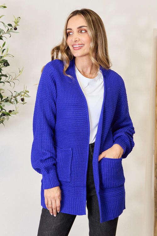 Bright Blue / S Zenana Full Size Waffle-Knit Open Front Cardigan