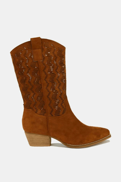 Brown / 6 Beast Fashion Faux Suede Laser Cut Detail Block Heel Boots