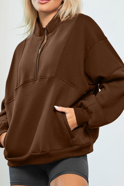 Brown / S Half Zip Drop Shoulder Long Sleeve Sweatshirt