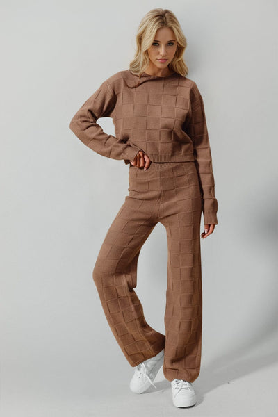 Brown / S/M Double Take Full Size Checkered Round Neck Top and Pants Set