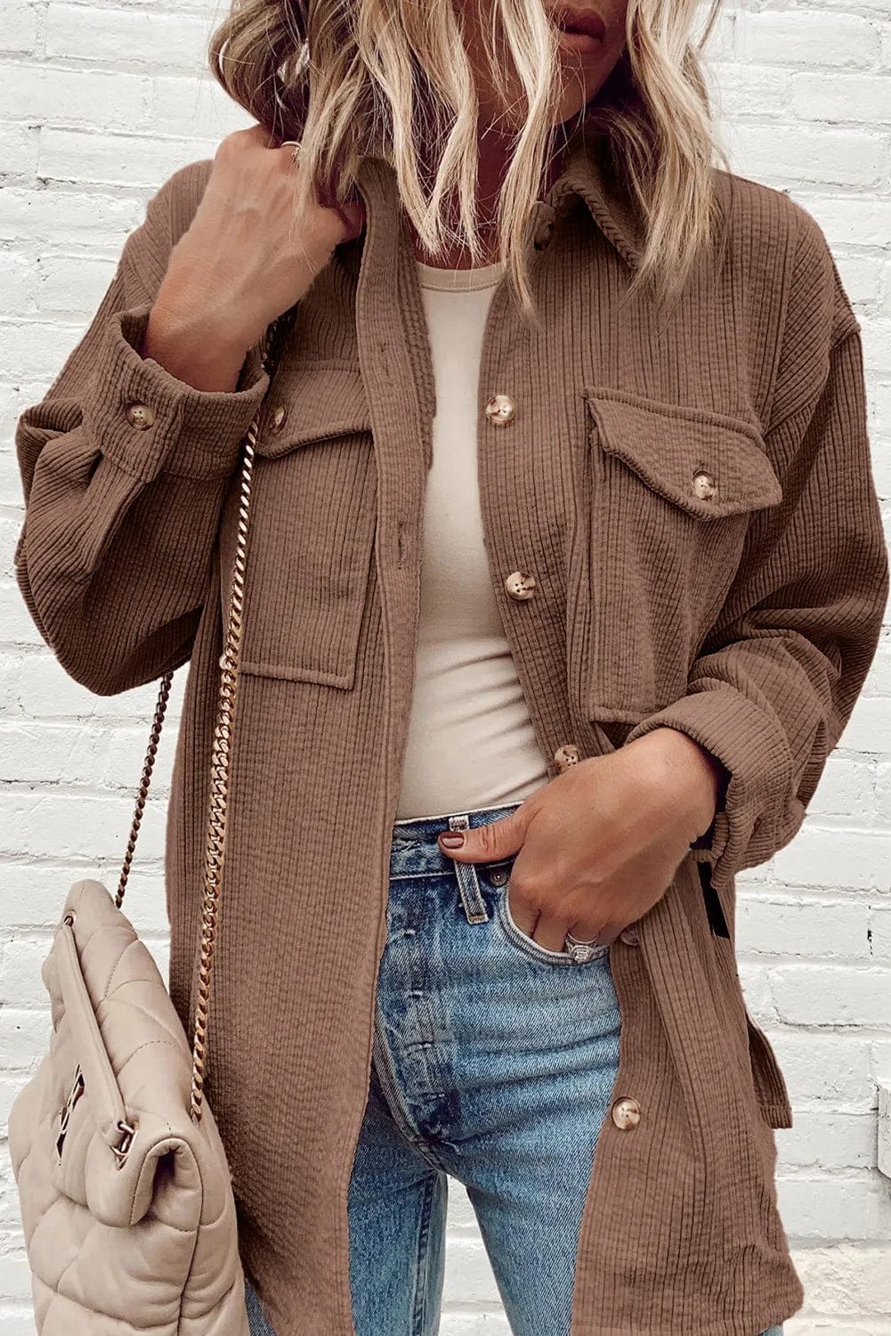 Brown / S Pocketed Button Up Dropped Shoulder Shacket