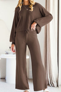 Brown / S Round Neck Long Sleeve Top and Pants Set