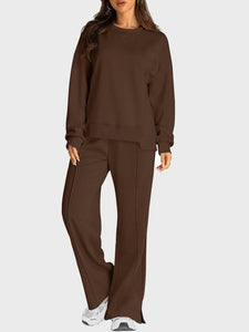 Brown / S Round Neck Long Sleeve Top and Slit Pants Set