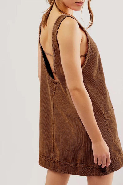 Brown / S Round Neck Wide Strap Corduroy Mini Dress