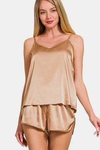 Brush / S Zenana V-Neck Satin Cami and Elastic Waist Shorts Lounge Set