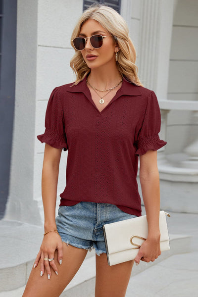 Burgundy / S Eyelet Johnny Collar Short Sleeve Blouse