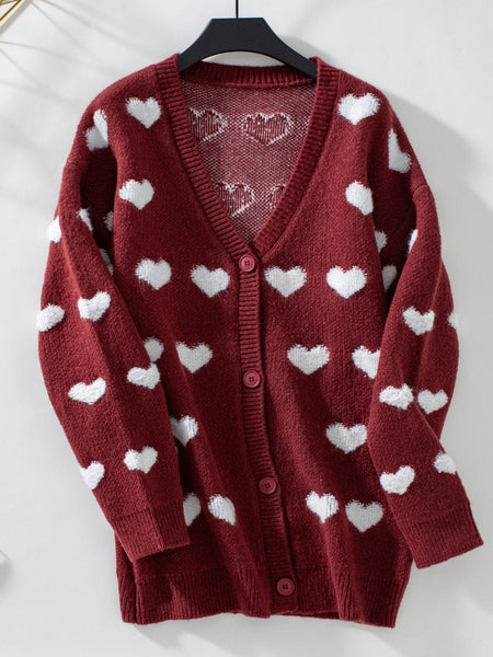 Burgundy / S Heart V-Neck Button Up Long Sleeve Cardigan