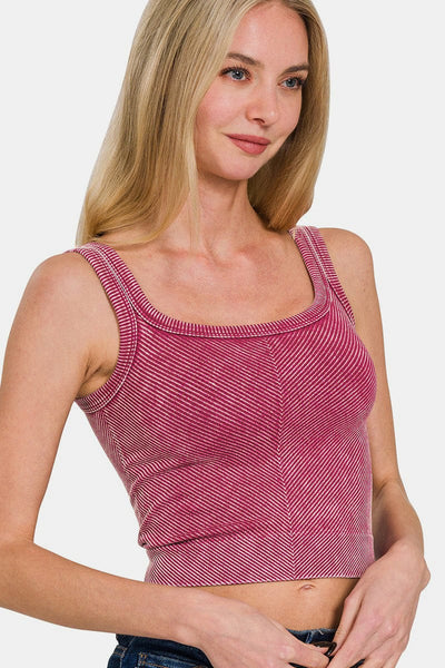 Burgundy / S/M Zenana Washed Ribbed Scoop Neck Wide Strap Tank