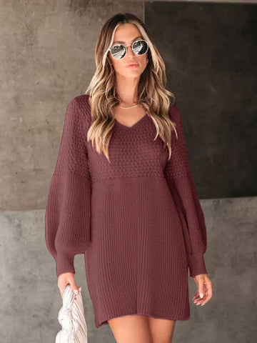 Burgundy / S Perfee V-Neck Long Sleeve Sweater Dress