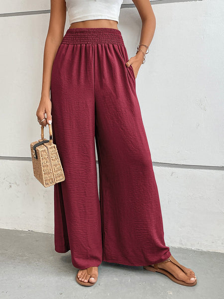 Burgundy / S Perfee Wide Leg Pants with Pockets