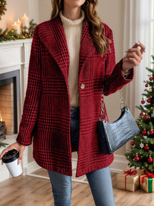 Burgundy / S Plaid Collared Neck Long Sleeve Jacket