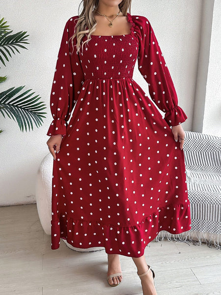 Burgundy / S Polka Dot Flounce Sleeve Midi Dress