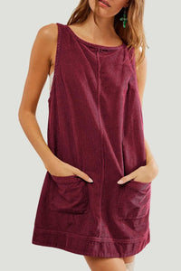 Burgundy / S Round Neck Wide Strap Corduroy Mini Dress