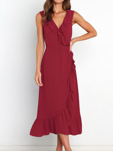 Burgundy / S Ruffled Surplice Sleeveless Midi Dress