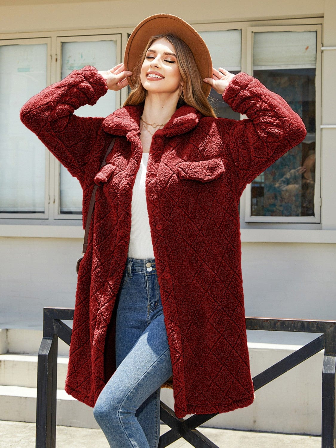 Burgundy / S Texture Button Up Dropped Shoulder Coat