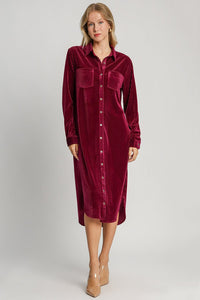 Burgundy / S Umgee Texture Curved Hem Button Down Shirt Dress