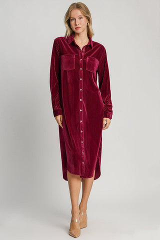 Burgundy / S Umgee Texture Curved Hem Button Down Shirt Dress