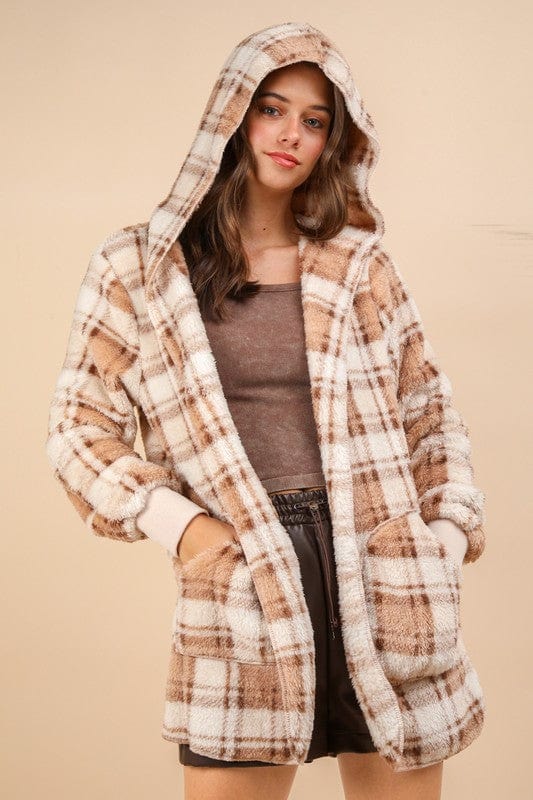 CAMEL MIX / S VERY J Fuzzy Plaid Long Sleeve Hooded Jacket