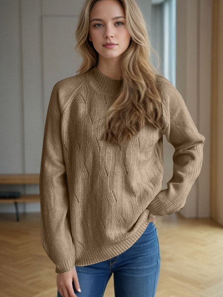 Camel / One Size Mock Neck Long Sleeve Sweater