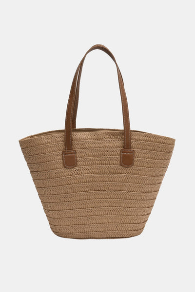 Camel / One Size PU Leather Handle Straw Tote Bag