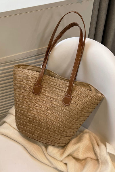 Camel / One Size PU Leather Handle Straw Tote Bag